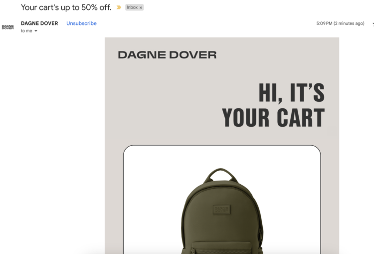 Screenshot of an email Dagne Dover sent 30 minutes after leaving the site, encouraging me to come back and buy what is in my virtual shopping cart